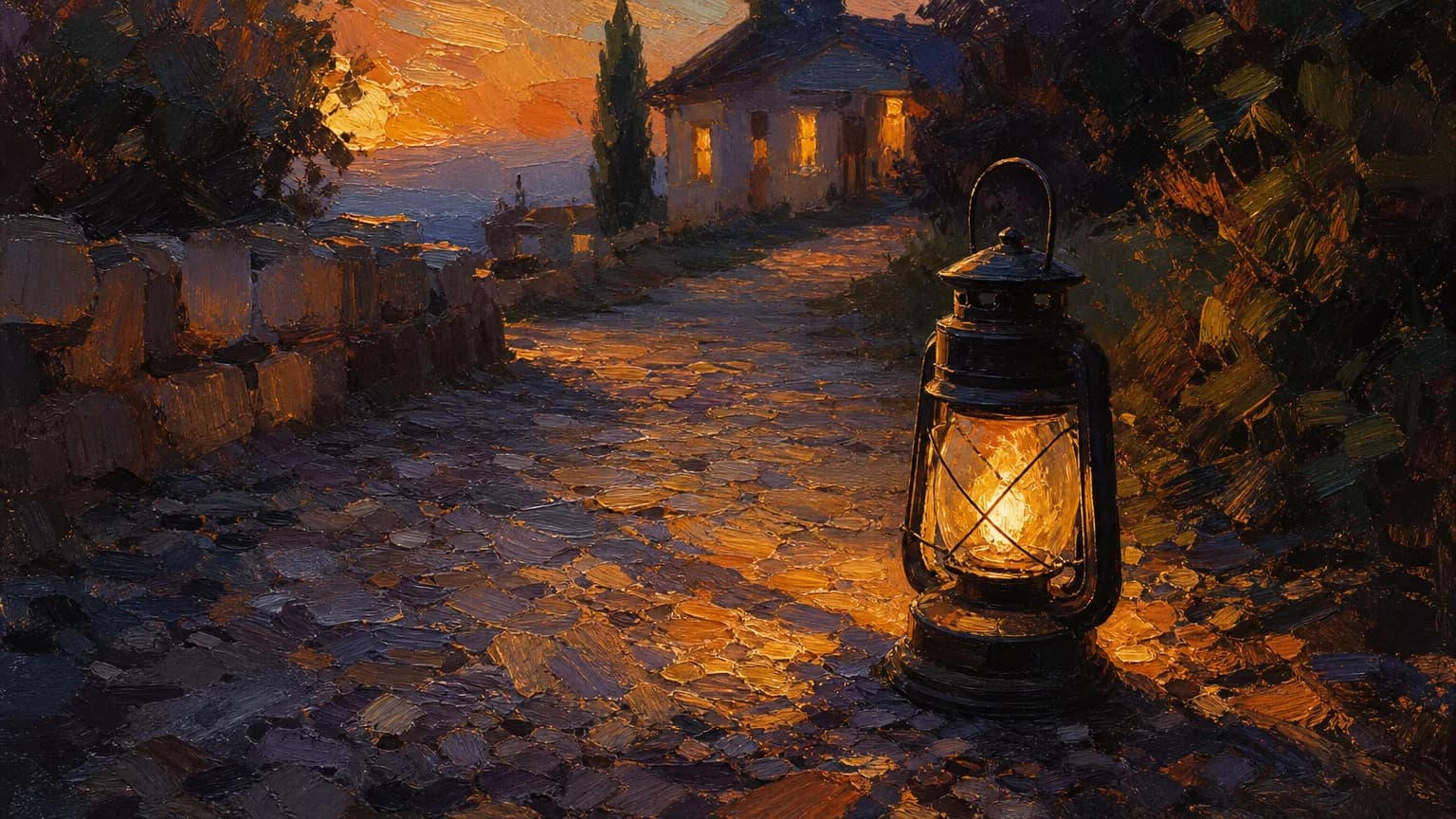 Painting of a lantern on a path toward a lit building