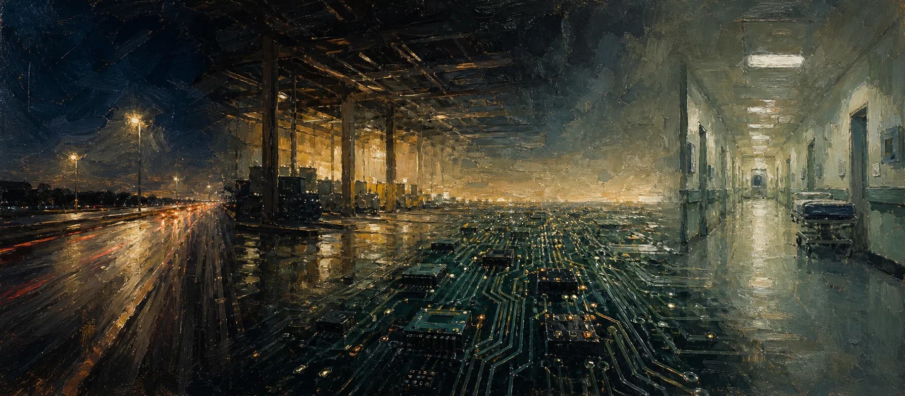 Painting of a horizon blending highway, warehouse, circuitry, and hospital