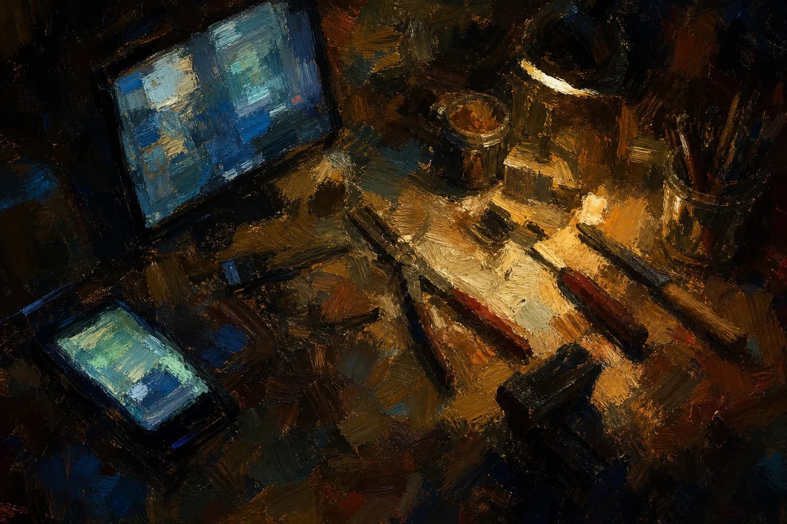 Painting of a workshop bench with tools and glowing screens