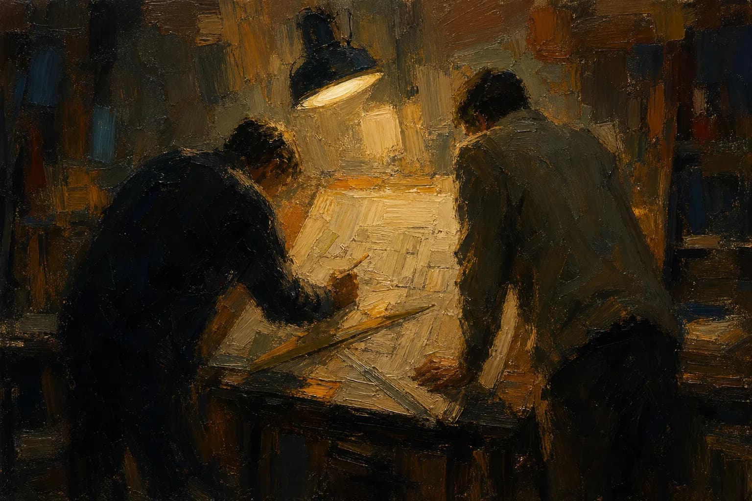 Painting of two figures at a lamp-lit drafting table