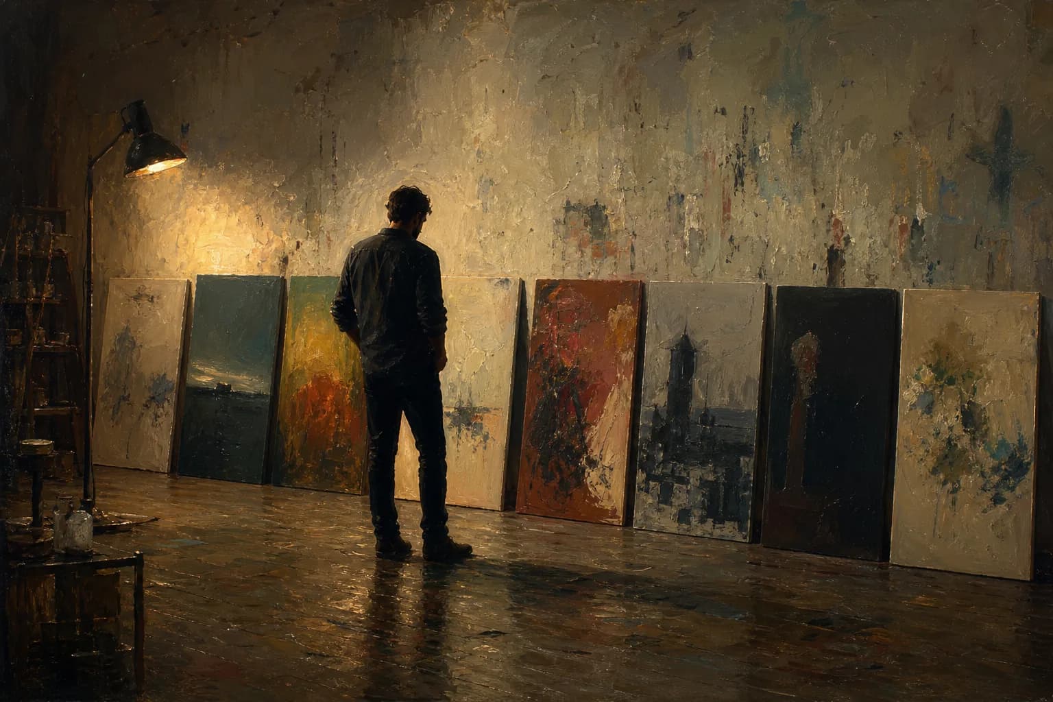 Painting of a figure under a lamp comparing eight canvases leaning against a studio wall